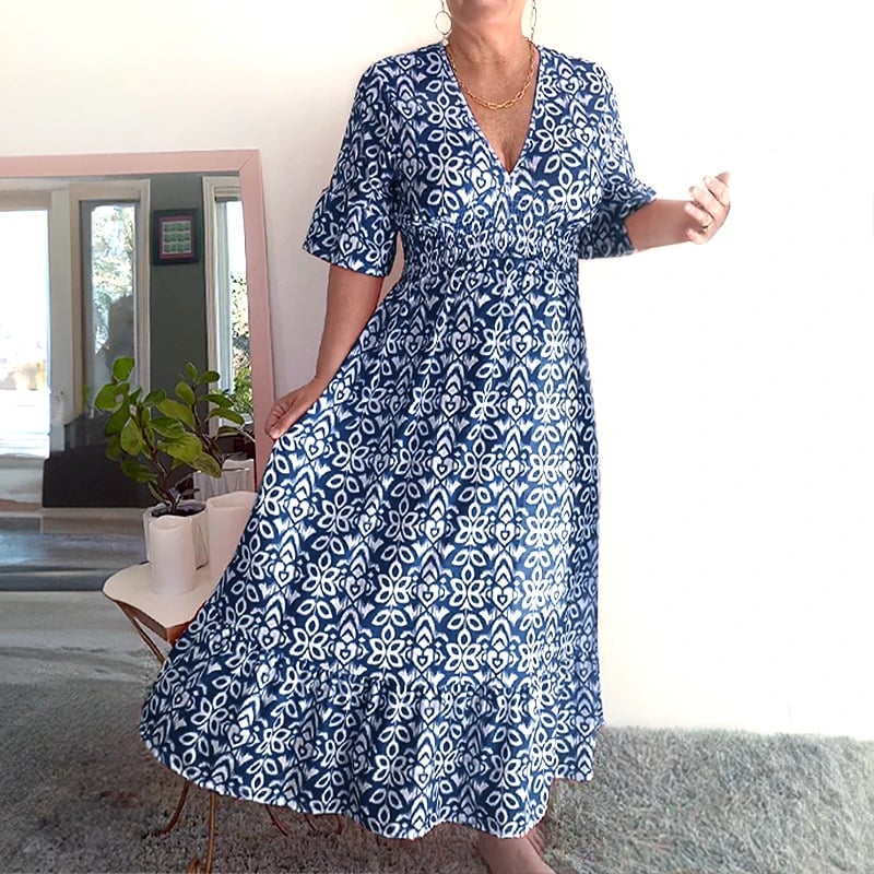 Bohemian casual print V-neck shirred waist long dress